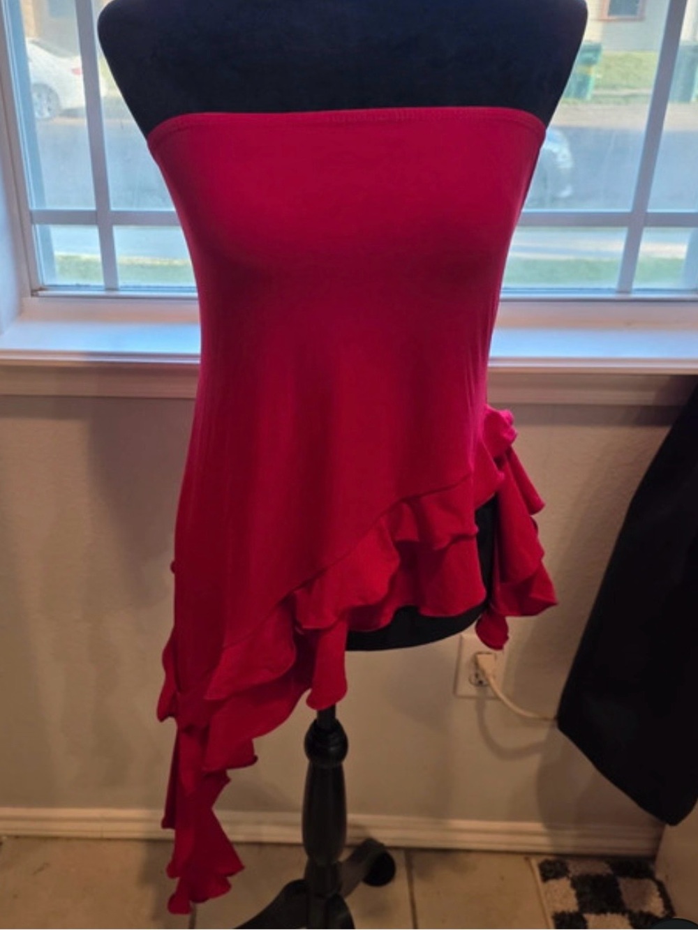 Strapless Ruffle Asymmetric Top - Bright Red